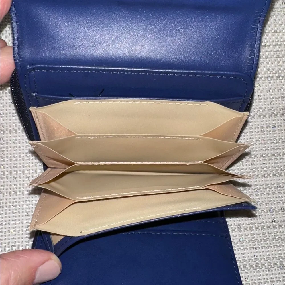 Julia Buxton Navy Blue Heiress leather convertible RFID blocking billfold wallet